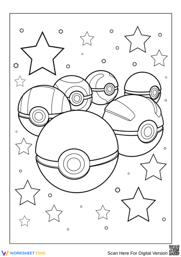 Pokeball-style balls and stars coloring page