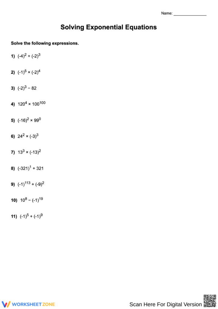 Math worksheet titled Solving Exponential Equations with problems
