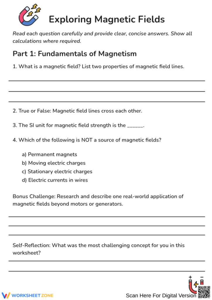 Magnetic fields worksheet with questions and blank lines