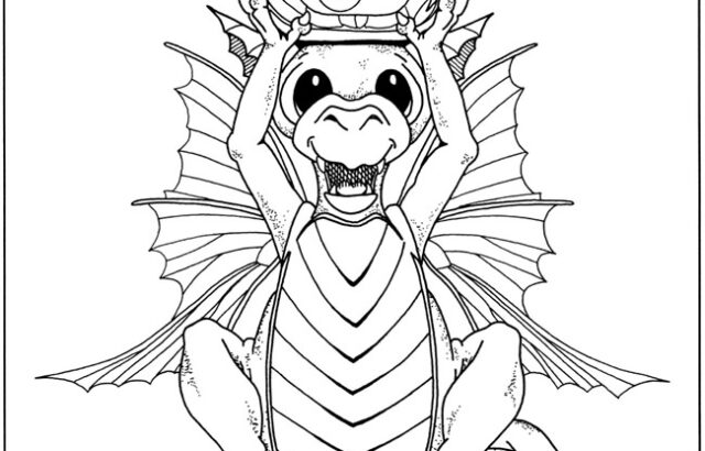 Line-art baby dragon holding a bottle atop books