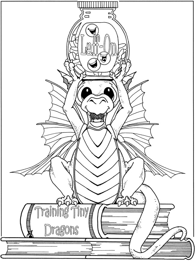 Line-art baby dragon holding a bottle atop books
