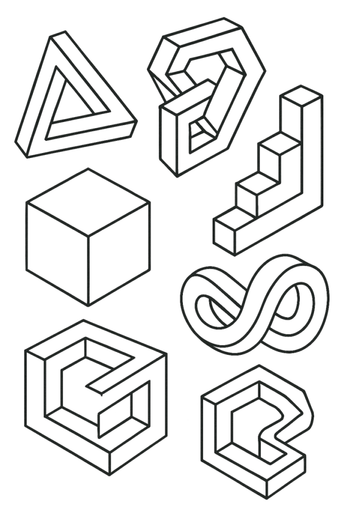 Six black outlined impossible 3D shapes on white background