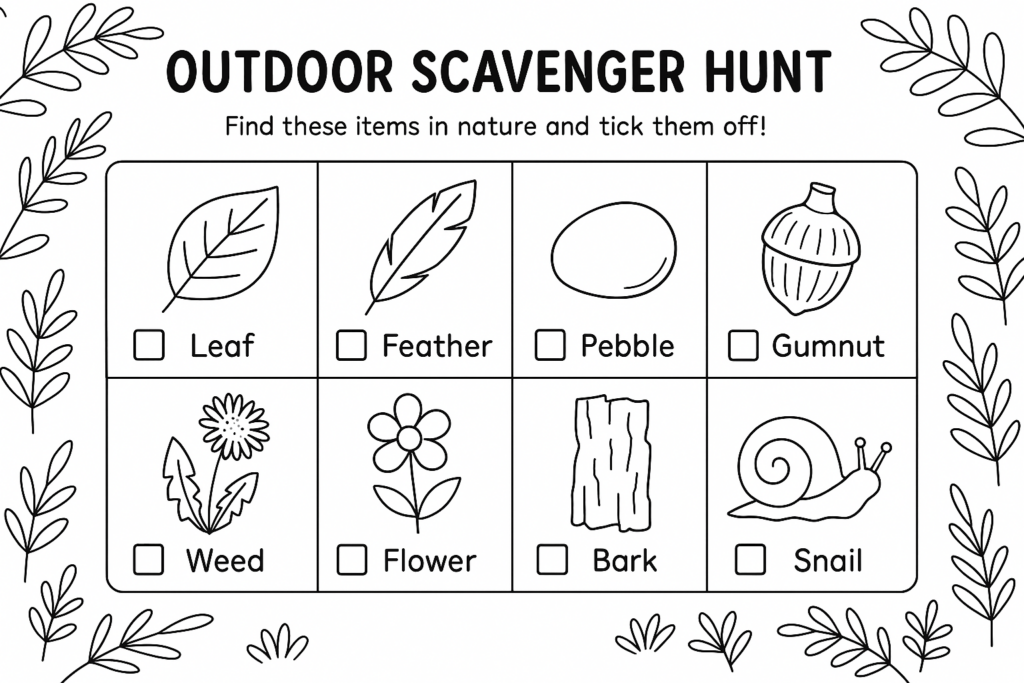 Outdoor scavenger hunt worksheet with nature drawings and labels