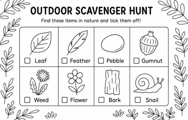 Outdoor scavenger hunt worksheet with nature drawings and labels