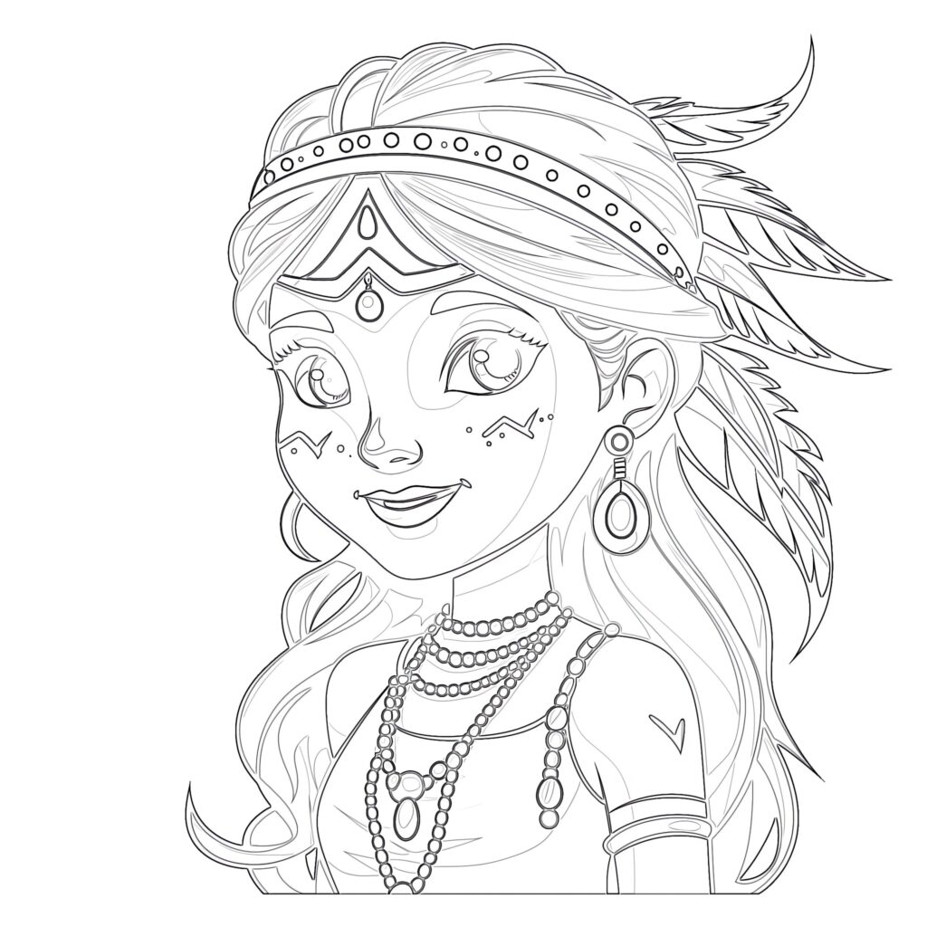 Line-art portrait of jeweled girl with feathered headband