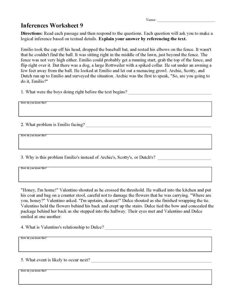 Inference worksheet with passages and numbered questions