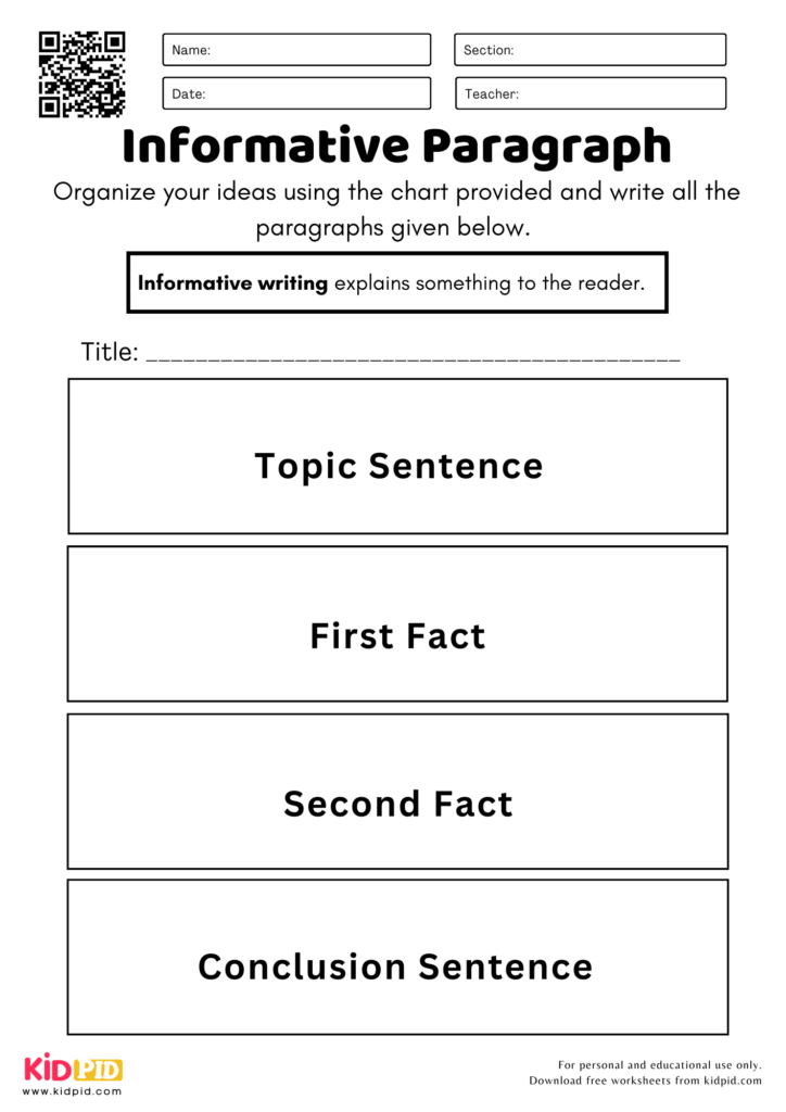 Informative paragraph worksheet with blank writing boxes and QR code