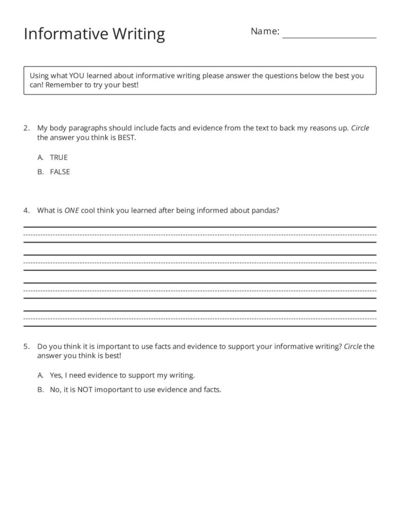 Informative writing worksheet with questions and lined answers