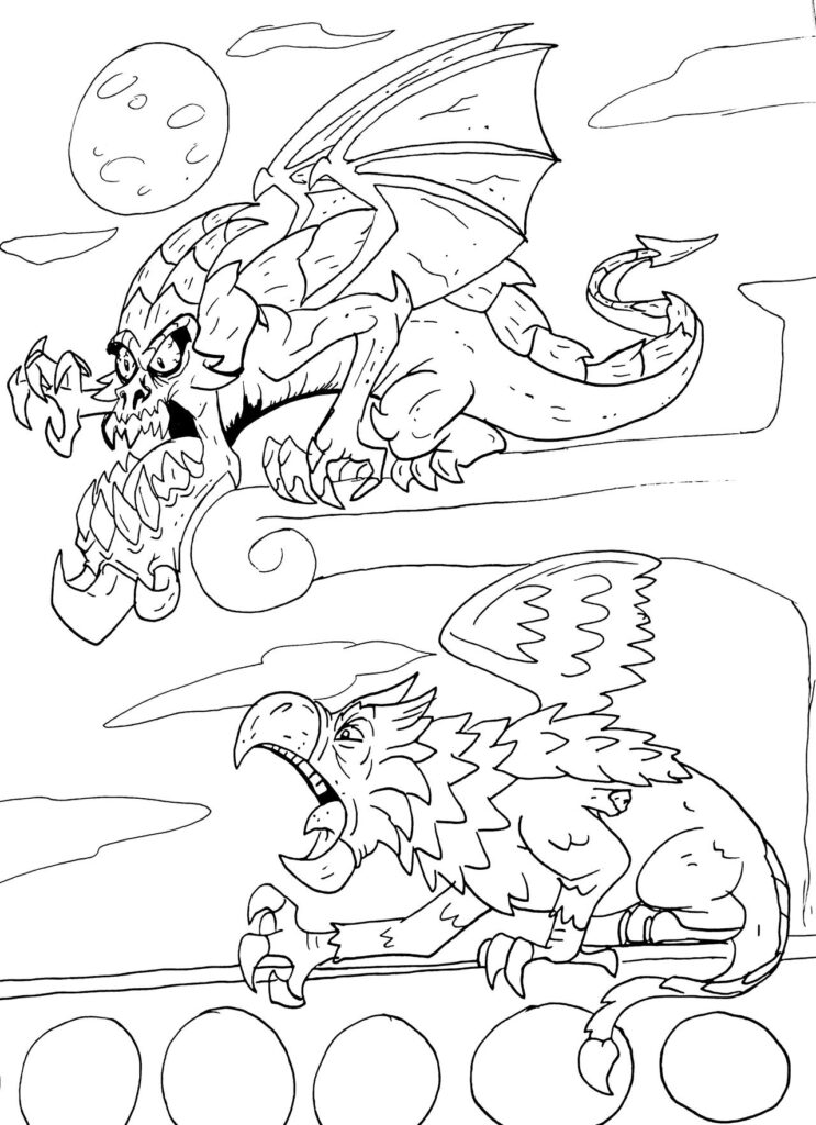 Two snarling winged gargoyles on a moonlit rooftop