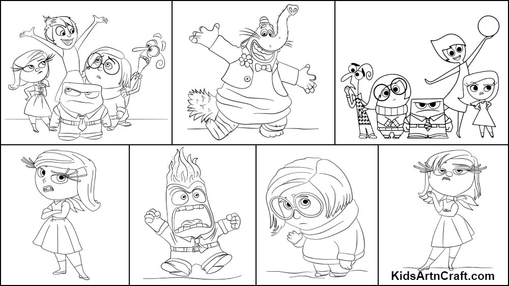 Black-and-white cartoon character lineup in seven panels