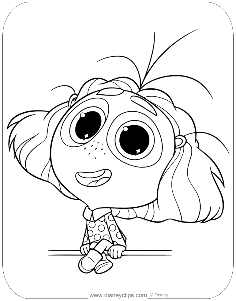 Black-and-white cartoon girl with big eyes sitting