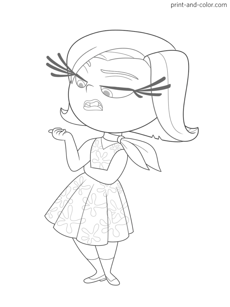 Cartoon girl in dress with stern expression, standing