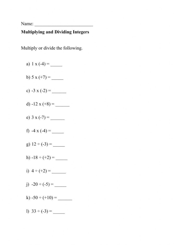 Math worksheet titled “Multiplying and Dividing Integers” with problems listed.