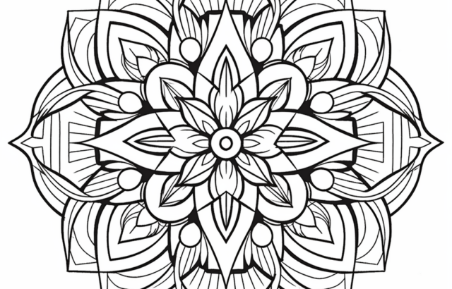Intricate black-and-white floral mandala line drawing