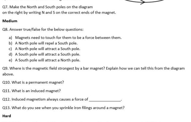Magnetism worksheet with questions and bar magnet diagram