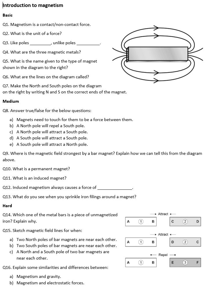 Magnetism worksheet with questions and bar magnet diagram