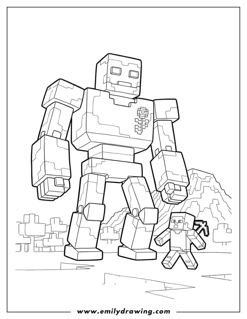 Blocky giant and small figure in landscape scene