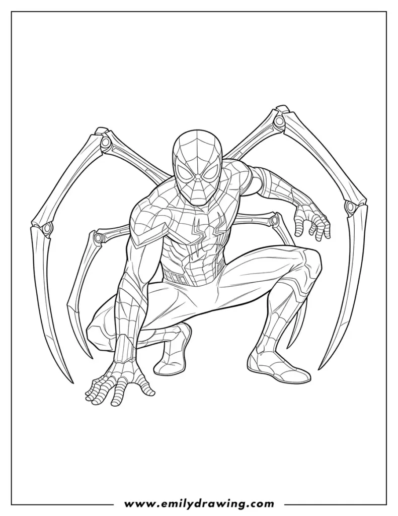 Spider-Man crouching with mechanical spider legs line art