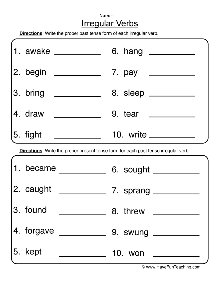 Irregular verbs worksheet with fill-in-the-blank exercises