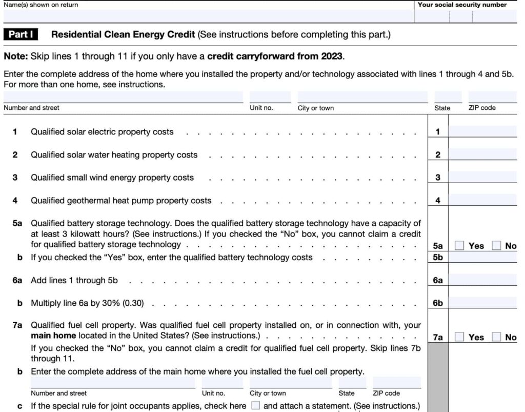 IRS Residential Clean Energy Credit form section screenshot