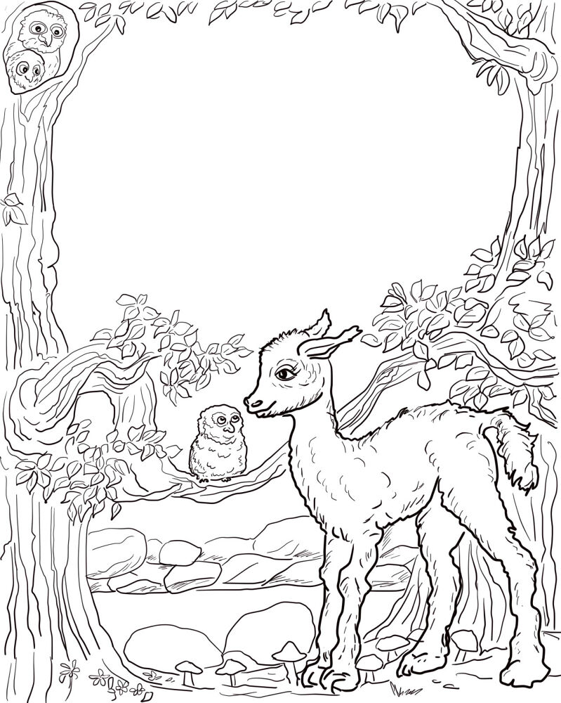 Llama and owl coloring page with tree border