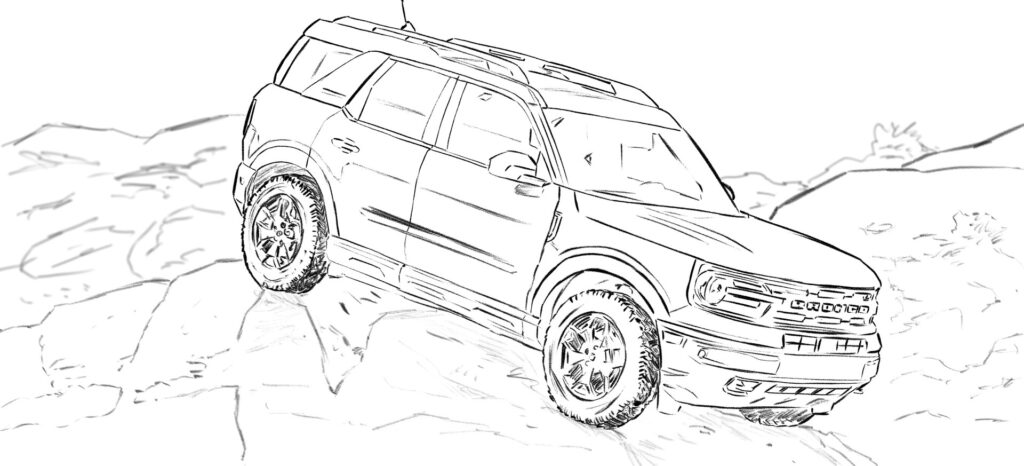 Black-and-white sketch of SUV on rocks