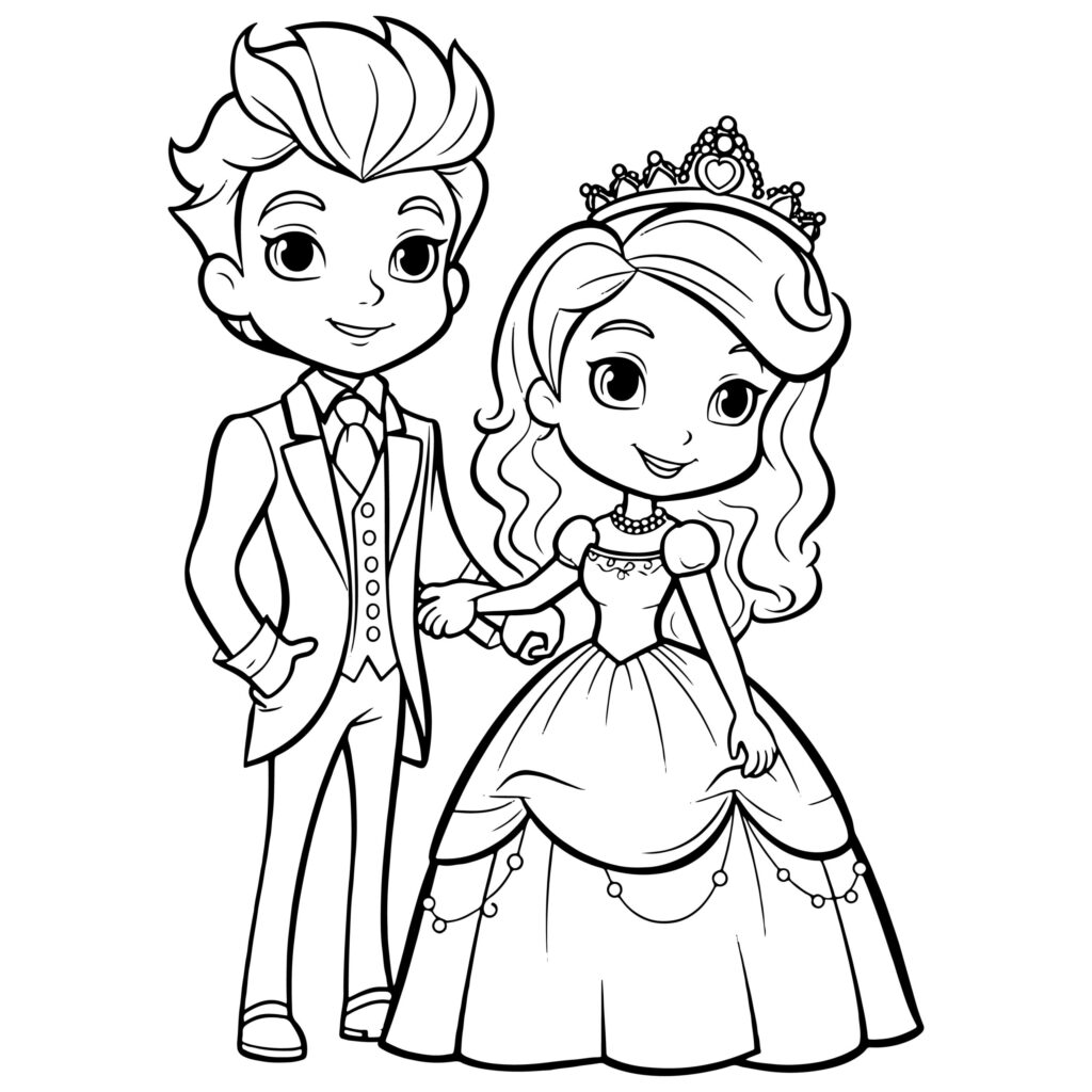 Black-and-white cartoon prince and princess standing together