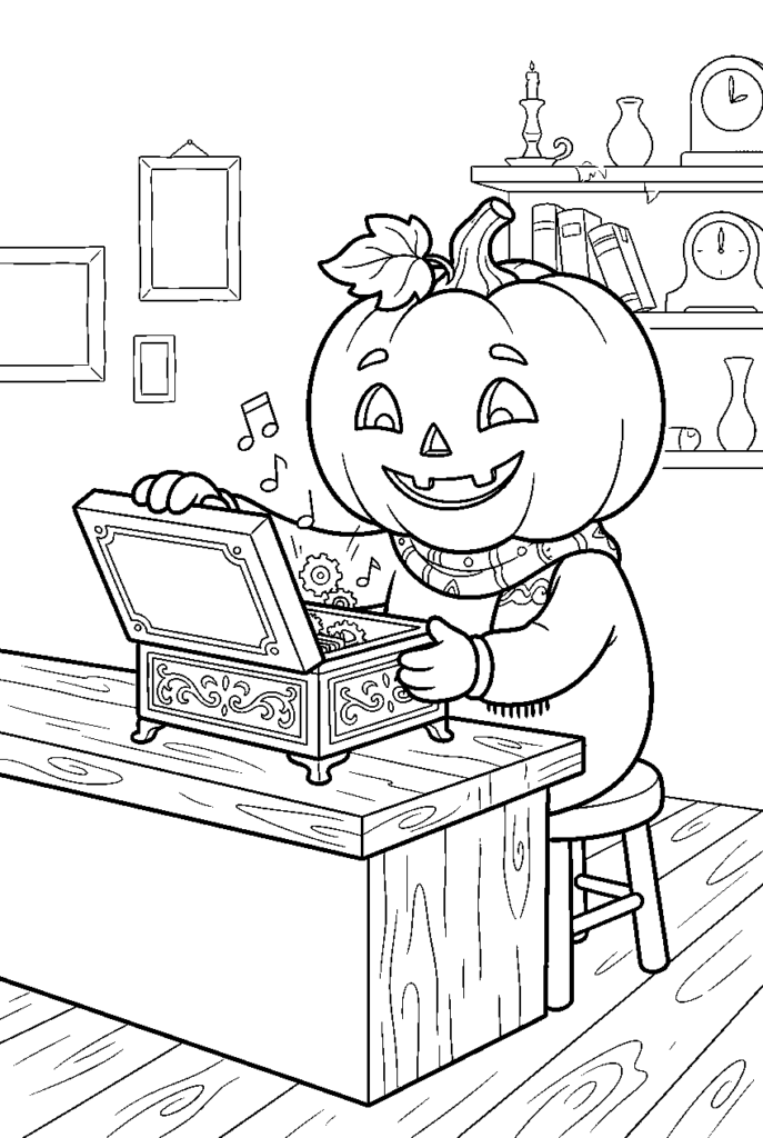 Pumpkin-headed child opening a music box indoors