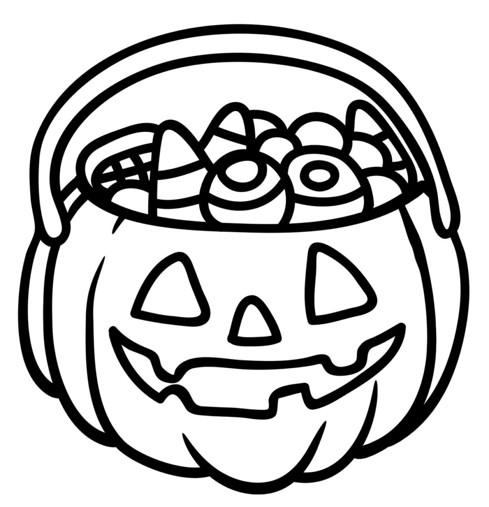 Black-and-white jack-o'-lantern bucket with candy inside