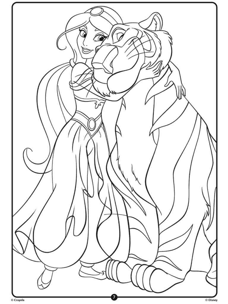 Line drawing of princess hugging a large lion