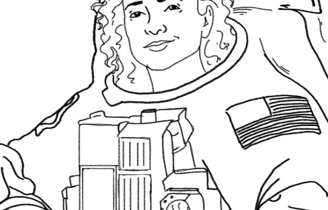 Line drawing of astronaut Jessica Meir in space suit