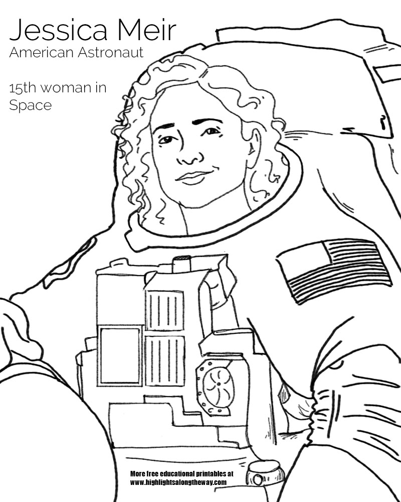 Line drawing of astronaut Jessica Meir in space suit
