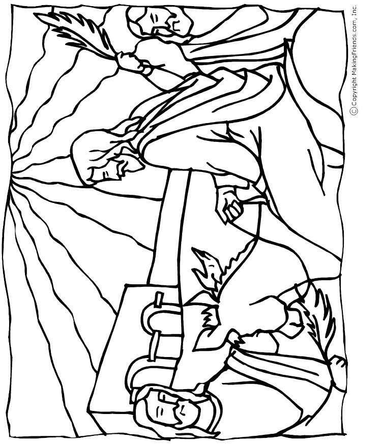 Line drawing of Jesus riding a donkey into a crowd