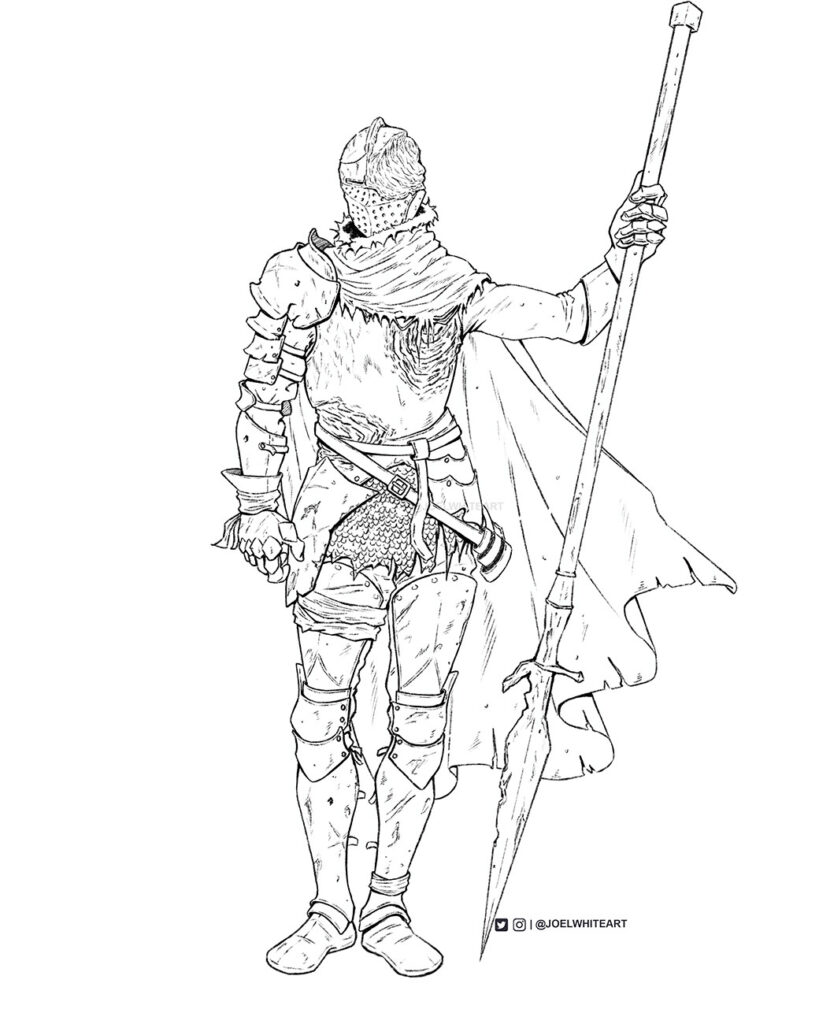 Line drawing of armored warrior holding long spear