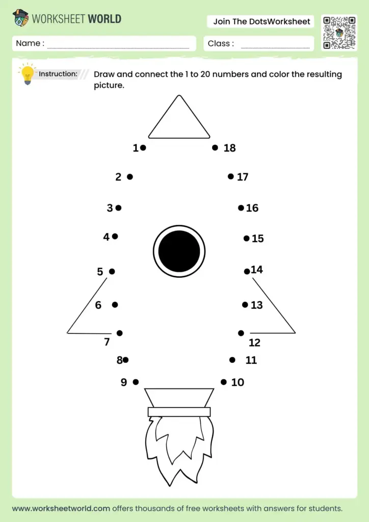 Connect-the-dots worksheet showing a rocket outline and numbers 1-20