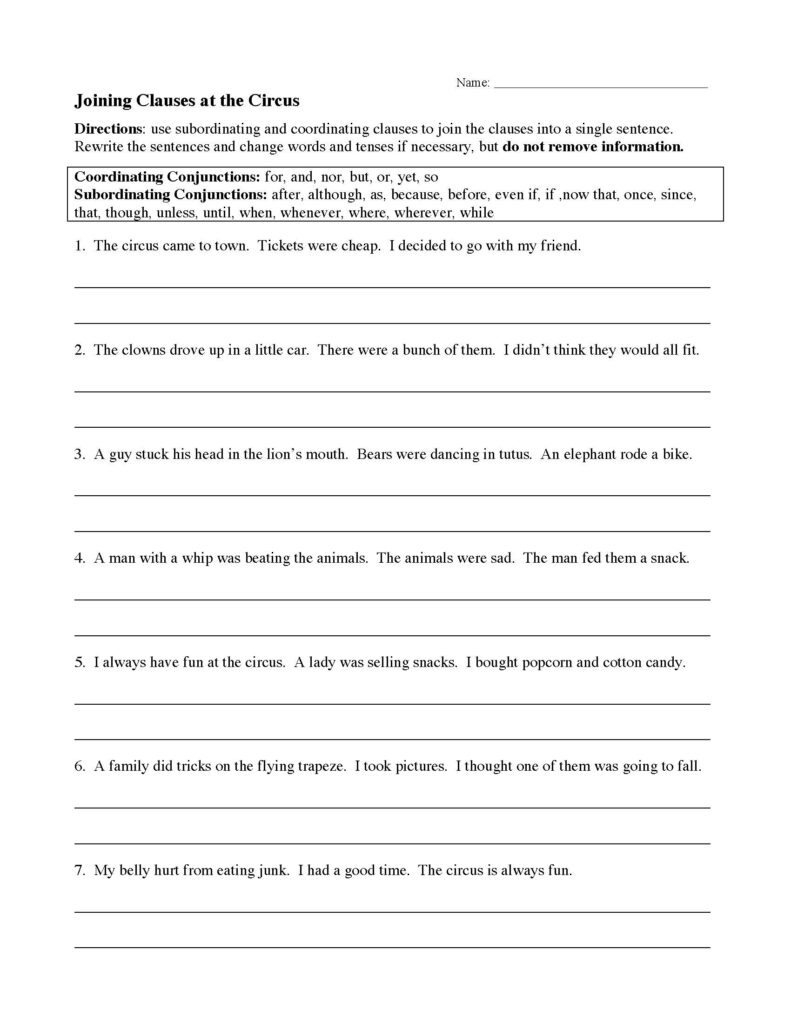 Circus clauses worksheet with numbered sentences and blank lines