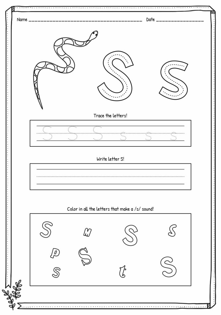 Coiled snake beside three large S letters for tracing.