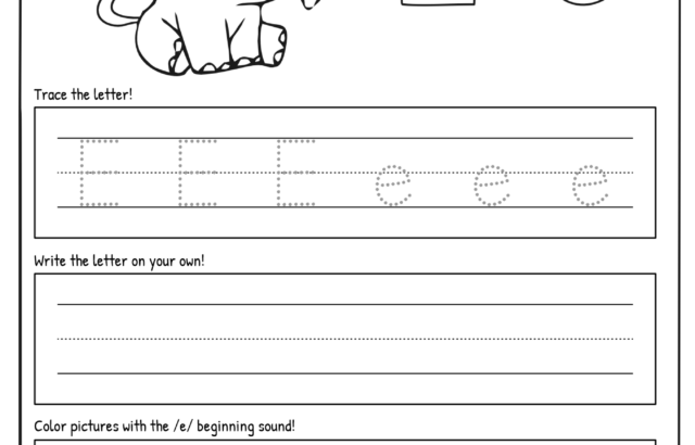 Cartoon elephant beside large E and lowercase e.