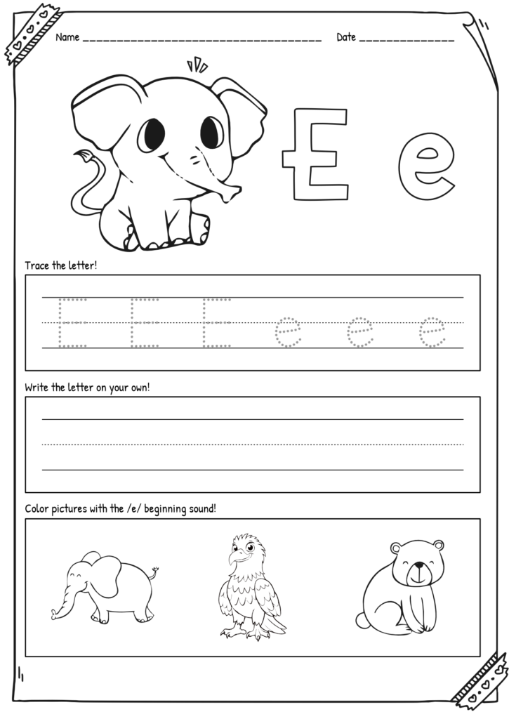 Cartoon elephant beside large E and lowercase e.