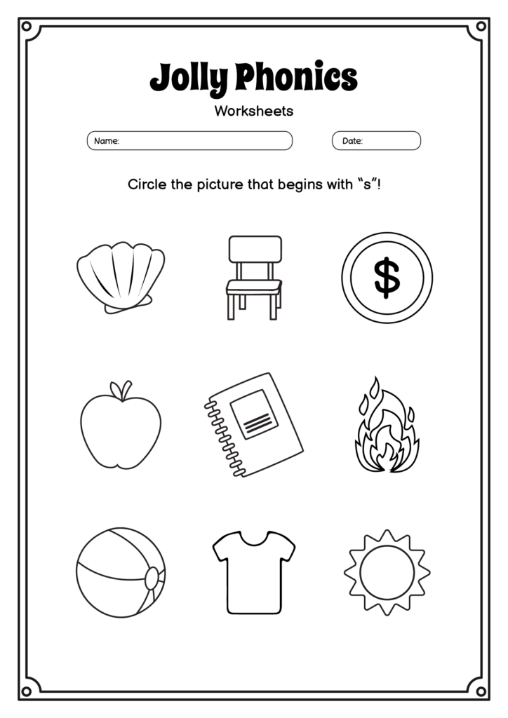 Framed Jolly Phonics worksheet page showing shell, chair, dollar icon.