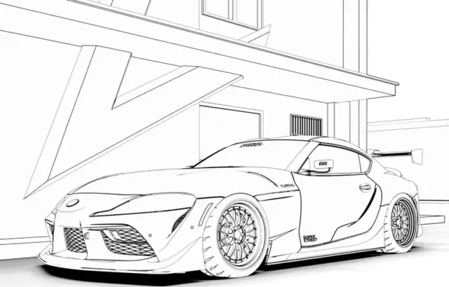 Sports car parked beside a modern building facade