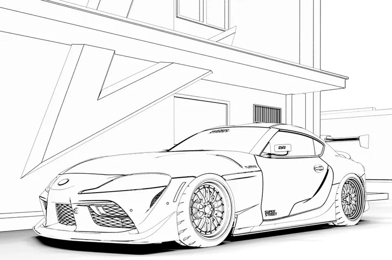 Sports car parked beside a modern building facade