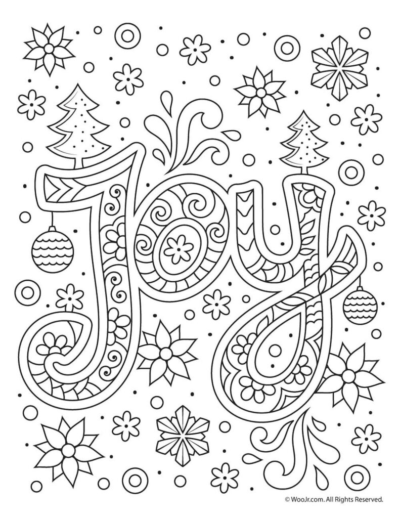 Decorative “JOY” Christmas coloring page with flowers and trees