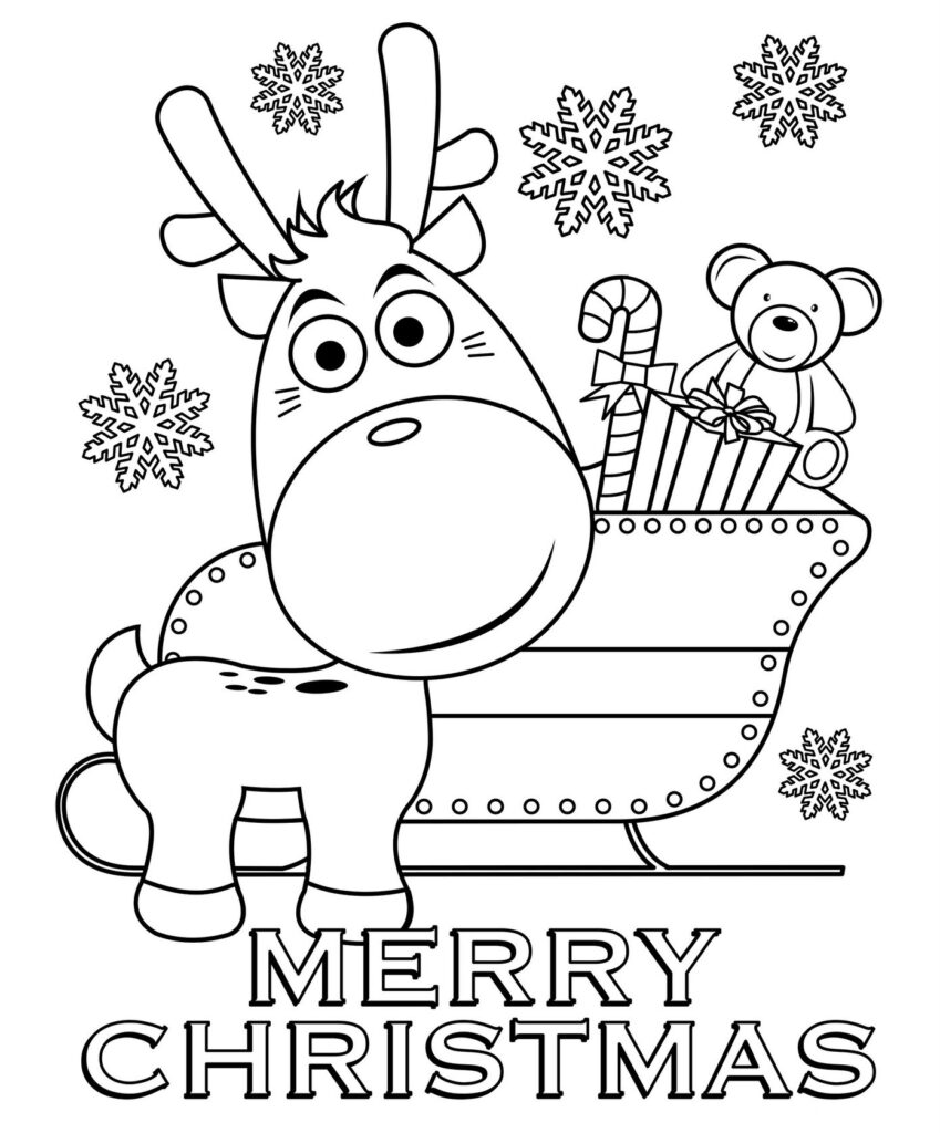 Christmas coloring page with reindeer, sleigh, teddy bear, snowflakes