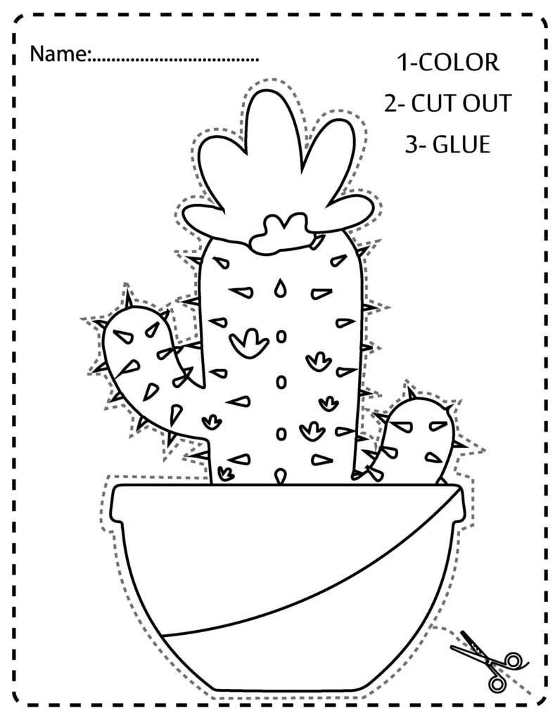 Black-and-white cactus cut-and-glue worksheet with scissors icon