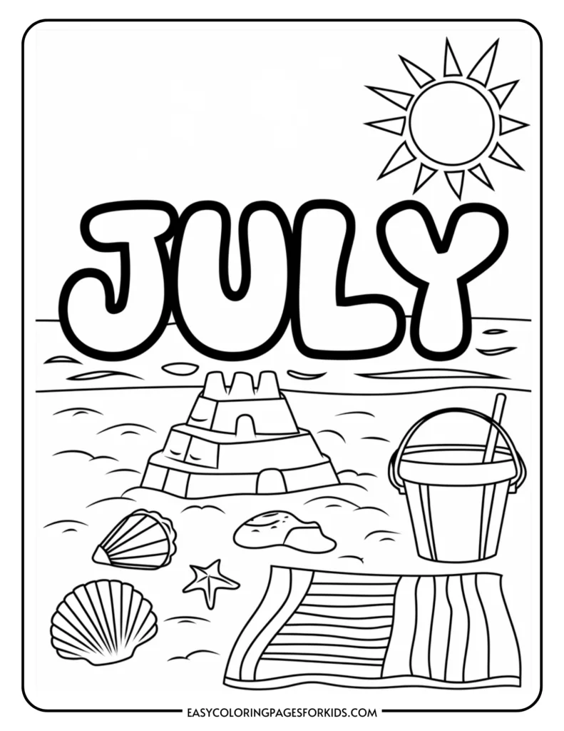 Black-and-white beach coloring page with JULY text and sun
