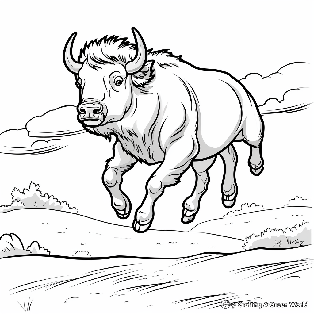 Black-and-white drawing of a bison jumping over hills