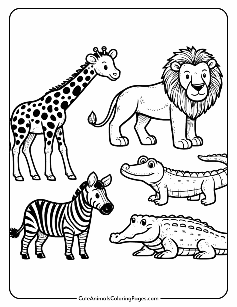 Black-and-white coloring page of giraffe, lion, zebra, crocodiles