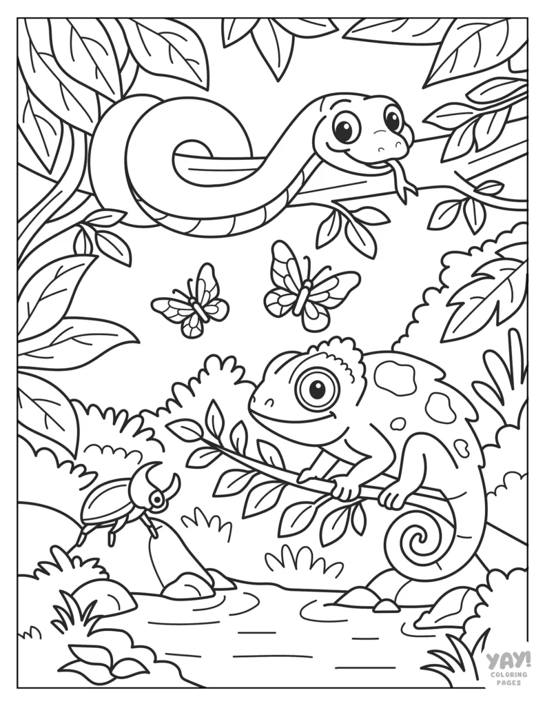 Black-and-white jungle coloring page with snake, chameleon, butterflies, beetle