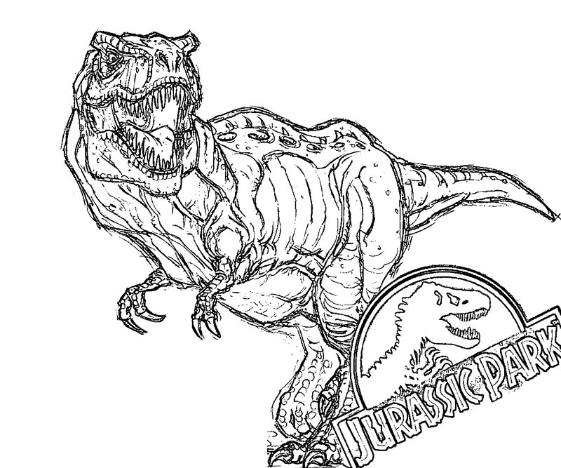 Black-and-white dinosaur line drawing with Jurassic Park logo